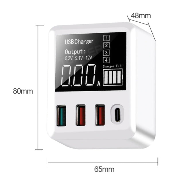 4x Port Quad USB Stekkerlader met Type C Poort - Quick Charge 3.0 Muur Oplader Wallcharger AC Thuislader Adapter Wit