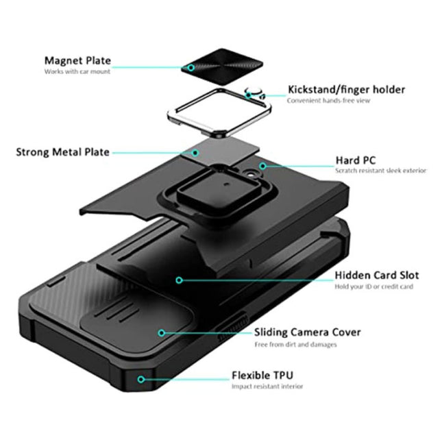 iPhone 12 Pro Max - Card Slot Hoesje met Kickstand en Camera Slide - Grip Socket Magnetische Cover Case Zilver