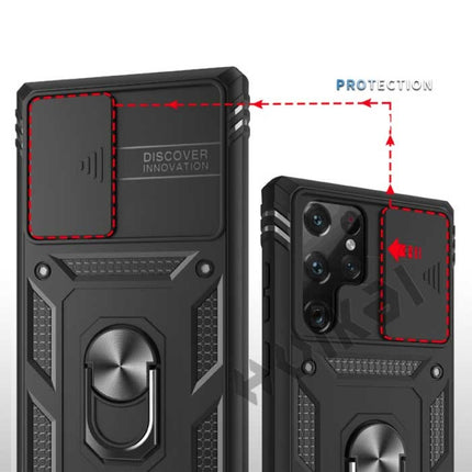 Samsung Galaxy S22 - Armor Kaarthouder Hoesje met Kickstand en Camera Bescherming - Pop Grip  Heavy Duty Cover Case Rood