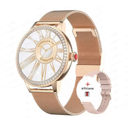 Diamant Smartwatch - Gezondheid Monitor Sport Tracker Horloge iOS Android - Mesh Bandje - Rose Gold