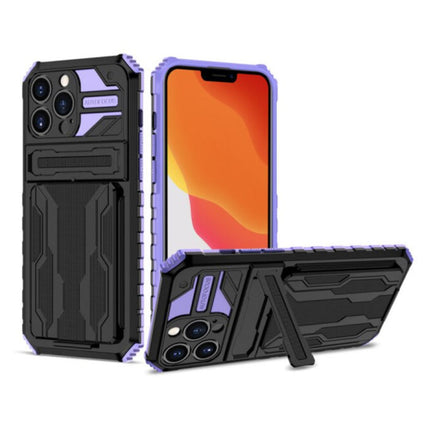 iPhone 13 Pro Max - Armor Card Slot Hoesje met Kickstand - Wallet Cover Case Paars