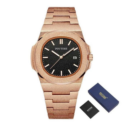 Frosted Luxe Horloge voor Heren - Roestvrij Staal Kwarts Uurwerk met Opbergdoosje Rose Gold Zwart