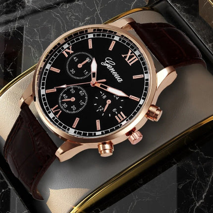 Luxe Heren Horloge - Kwarts Uurwerk Leren Bandje Rose Gold Bruin