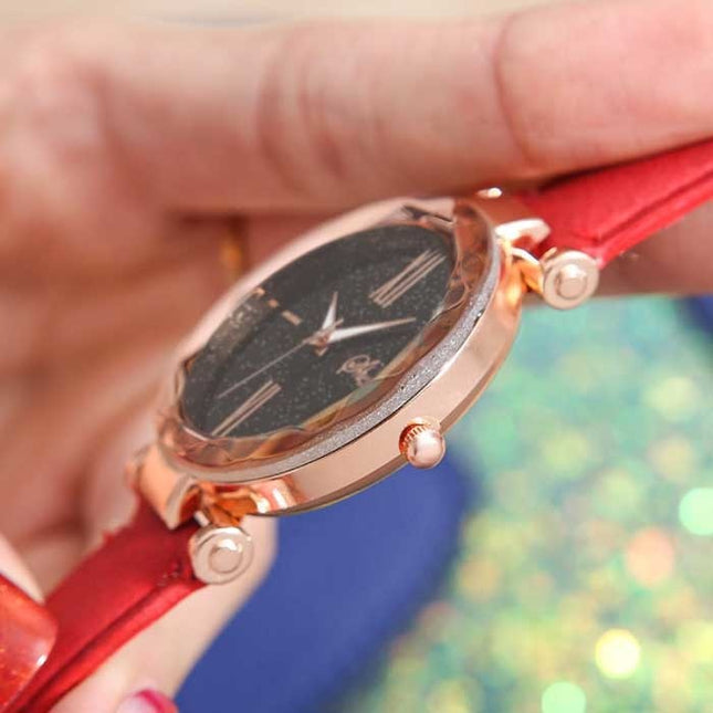 Minimalistisch Horloge Sterrenhemel voor Dames - Modieus Casual Leren Bandje Kwarts Lichtrood