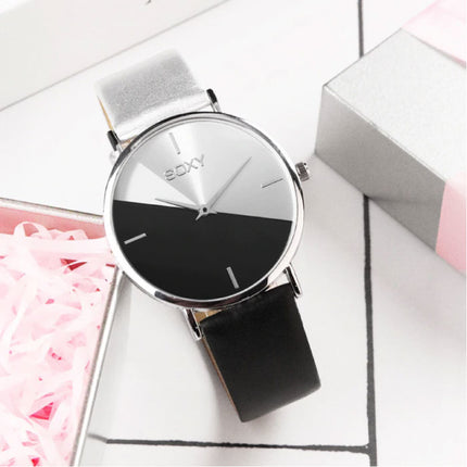 Minimalist Horloge voor Dames - Leren bandje - Anoloog Kwarts Uurwerk voor Vrouwen Zwart