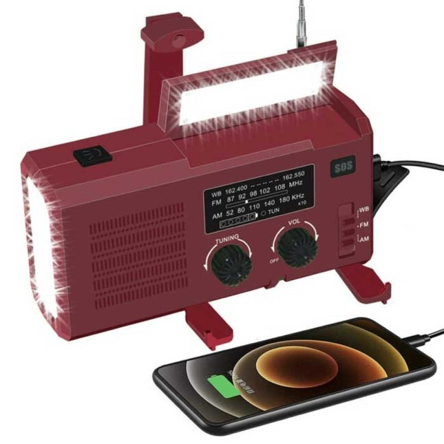 4000mAh Radio Powerbank op Zonne-energie met Dynamo - Ingebouwde Zaklamp - FM/AM Externe Noodaccu Batterij Oplader Charger Wijn Rood