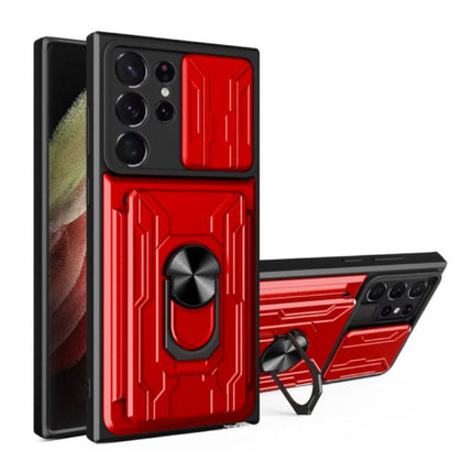 Samsung Galaxy A04 - Card Slot Hoesje met Kickstand en Camera Slide - Magnetische Pop Grip Cover Case Rood