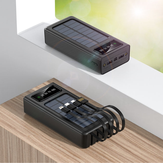 100.000mAh Solar Powerbank met 2 Uitvoer/2 Invoer Poorten - 4 Types Oplaadkabel - Ingebouwde Zaklamp - Externe Noodaccu Batterij Oplader Charger Zon Zwart