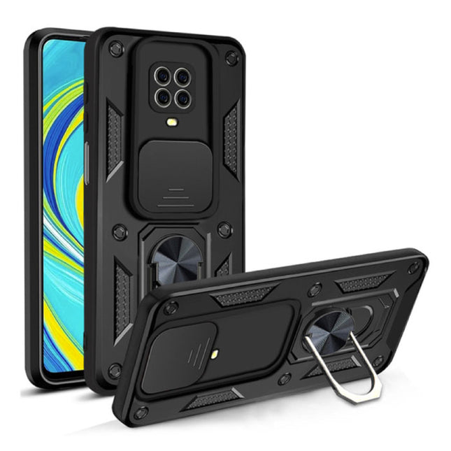 Xiaomi Redmi Note 10 (4G) - Armor Hoesje met Kickstand en Camera Slide - Magnetische Pop Grip Cover Case Zwart
