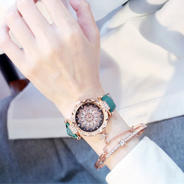 Starry Sky Horloge Dames - Luxe Anoloog Kwarts Uurwerk voor Vrouwen Groen