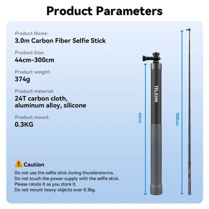 Koolstofvezel Selfie Stick 3 Meter - Intrekbare Vlog Statief Monopod Selfiestick - Zwart