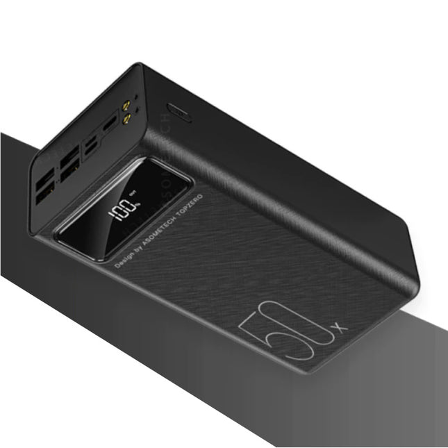 50X Powerbank met 4 Uitvoer/3 Invoer Poorten 50.000mAh - Ingebouwde Zaklamp - Externe Noodaccu Batterij Oplader Charger Zwart