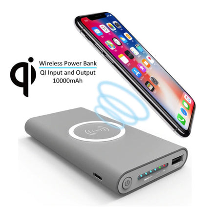 Draadloze Qi Powerbank Oplader 10.000mAh Noodaccu Batterij Wireless Charger Pad Grijs