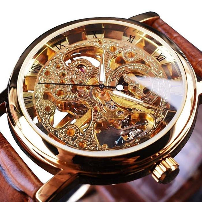 Gouden Kast Luxe Horloge voor Heren - Leren Bandje Transparant Mechanisch Skelet Goud