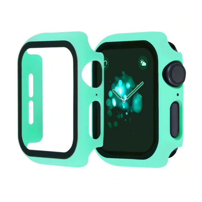 Full Cover voor iWatch Series 44mm - Hoesje en Screen Protector - Tempered Glass Hard Case TPU Aqua