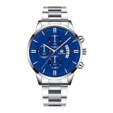 Luxe Zakelijk Horloge voor Heren - Kwarts Roestvrij Staal Bandje Datum Kalender met 3 Subdials Zilver Blauw