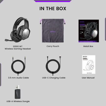 E1000 WT Draadloze Gaming Headset - Koptelefoon met Microfoon Bluetooth 7.1 Surround Zwart 