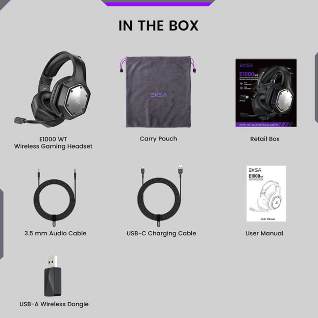 E1000 WT Draadloze Gaming Headset - Koptelefoon met Microfoon Bluetooth 7.1 Surround Zwart 