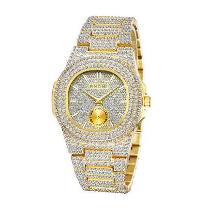 Full Diamond Luxe Horloge voor Heren - Roestvrij Staal Kwarts Uurwerk met Opbergdoosje Goud