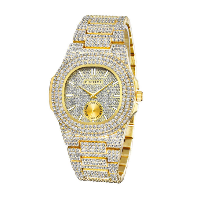 Full Diamond Luxe Horloge voor Heren - Roestvrij Staal Kwarts Uurwerk met Opbergdoosje Goud