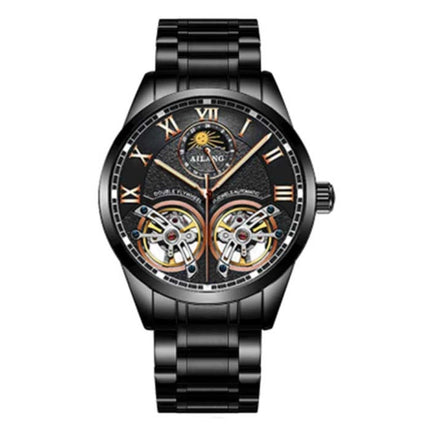 Vintage Horloge voor Heren - Roestvrij Staal Bandje Kwarts Polshorloge Dubbel Vliegwiel Zwart