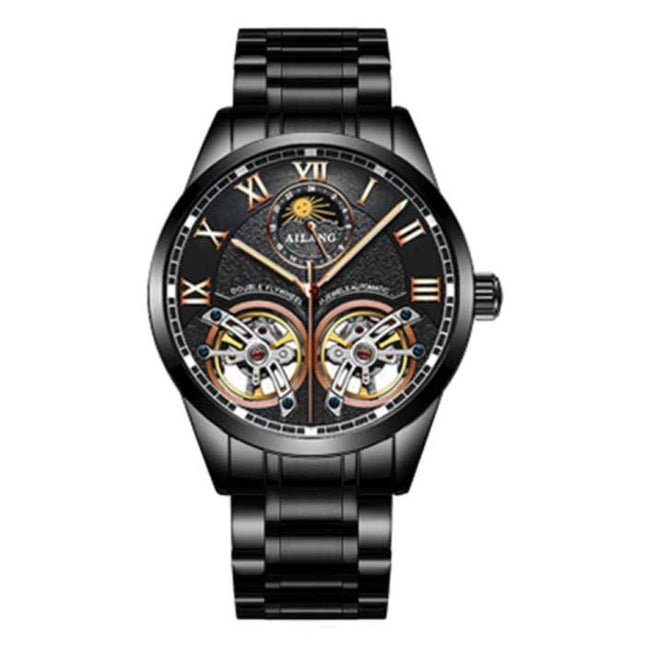 Vintage Horloge voor Heren - Roestvrij Staal Bandje Kwarts Polshorloge Dubbel Vliegwiel Zwart
