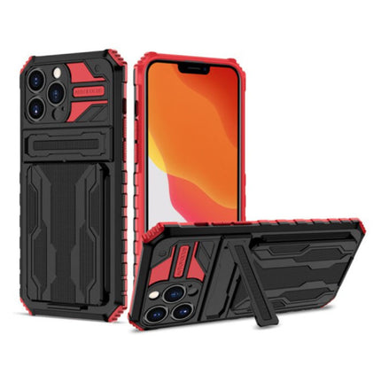 iPhone 12 - Armor Card Slot Hoesje met Kickstand - Wallet Cover Case Rood