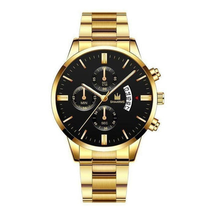 Luxe Zakelijk Horloge voor Heren - Kwarts Roestvrij Staal Bandje Datum Kalender met 3 Subdials Goud Zwart