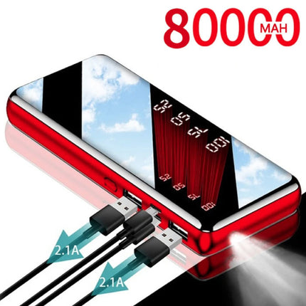 80.000mAh Powerbank met 4 Poorten - Ingebouwde Zaklamp - Externe Noodaccu Batterij Oplader Charger Rood