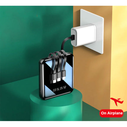 Universele 20.000mAh Mini Powerbank - 4 Types Oplaadkabel - 2x USB LED Display Noodaccu Batterij Oplader Charger Zwart