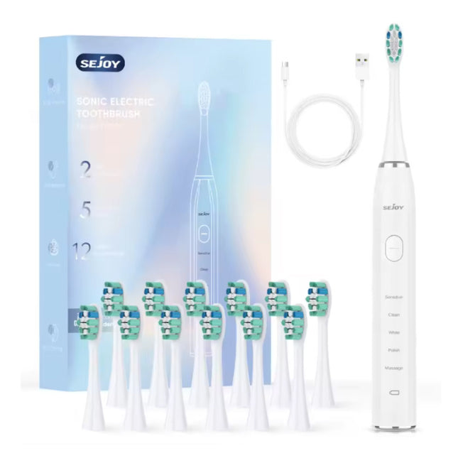 Elektrische Tandenborstel Set Sonisch - 12 Opzetborstels - IPX7 Waterdicht USB Opladen 5-modi - Wit