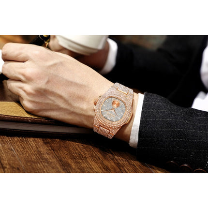 Full Diamond Luxe Horloge voor Heren - Roestvrij Staal Kwarts Uurwerk met Opbergdoosje Rose Gold