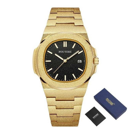 Frosted Luxe Horloge voor Heren - Roestvrij Staal Kwarts Uurwerk met Opbergdoosje Goud Zwart