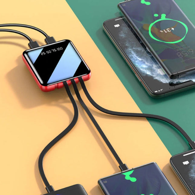 Universele 20.000mAh Mini Powerbank - 4 Types Oplaadkabel - 2x USB LED Display Noodaccu Batterij Oplader Charger Rood