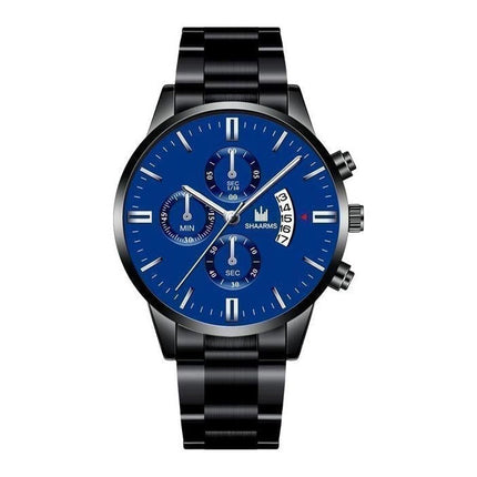 Luxe Zakelijk Horloge voor Heren - Kwarts Roestvrij Staal Bandje Datum Kalender met 3 Subdials Zwart Blauw