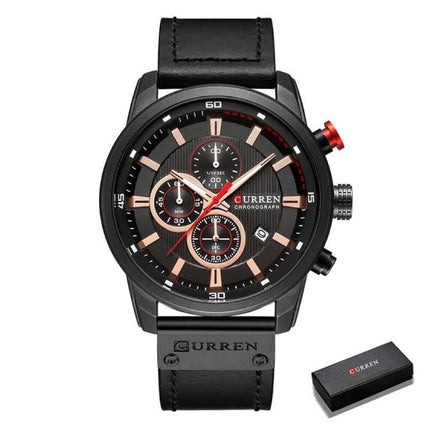 Luxe Horloge voor Heren met Leren Band - Kwarts Sport Chronograaf Polshorloge Zwart