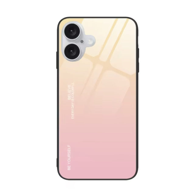 iPhone 15 Pro Max Hoesje Gradient - TPU en 9H Glas - Shockproof Glossy Case Cover - Geel-Roze