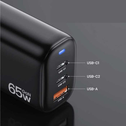 B314P 3-Port Stekkerlader - PD / Quick Charge 3.0 - Power Delivery USB Fast Charge 65W GaN - Oplader Muur Wallcharger AC Thuislader Adapter Zwart