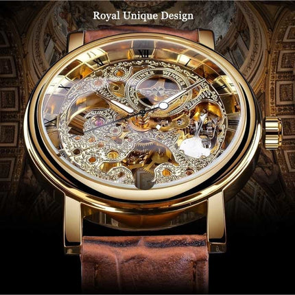 Gouden Kast Luxe Horloge voor Heren - Leren Bandje Transparant Mechanisch Skelet Zwart Goud