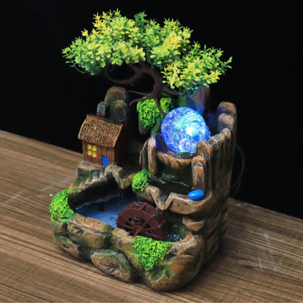 Sier Waterval Zen Garden Watermolen met Nebulizer - LED Kristallen Bal Bonsai Boom Feng Shui Fontein Decor Ornament