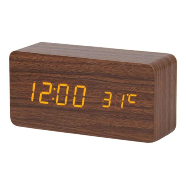 Houten Digitale LED Klok - Wekker Alarm  Snooze Temperatuur Helderheid Aanpassing Bruin