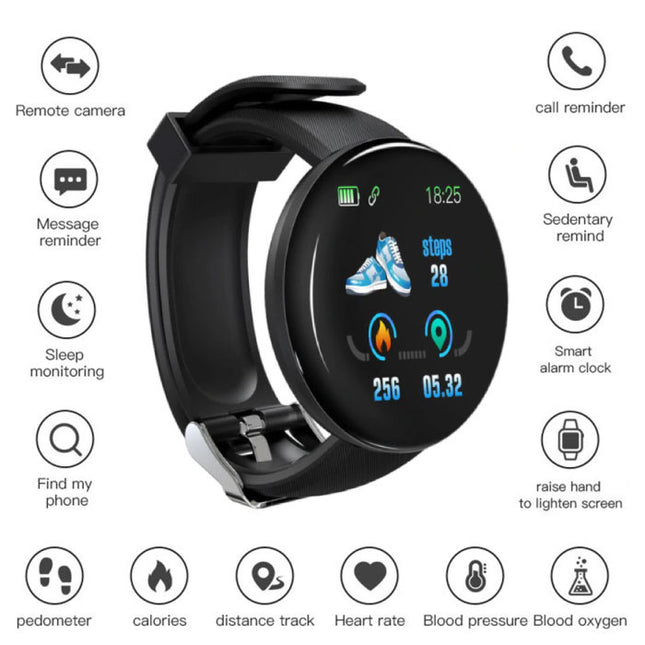Originele D18 Smartwatch Curved HD Smartphone Fitness Sport Activity Tracker Horloge iOS Android iPhone Samsung Huawei Zwart