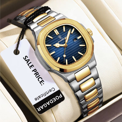 Luxe Vierkant Kwarts Horloge - 3 ATM Waterdicht Lichtgevend Heren Dames Unisex Roestvrij Staal - Goud Blauw