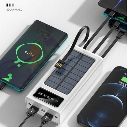 100.000mAh Solar Powerbank met 2 Uitvoer/2 Invoer Poorten - 4 Types Oplaadkabel - Ingebouwde Zaklamp - Externe Noodaccu Batterij Oplader Charger Zon Wit