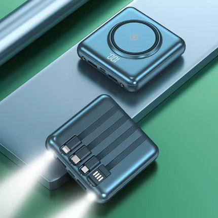 20.000mAh Qi Mini Powerbank met 2 Oplaadpoorten en 4 Kabels - Externe Accu Batterij Oplader - Blauw
