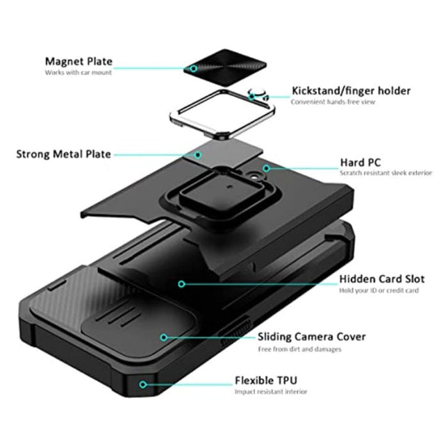 iPhone XS - Card Slot Hoesje met Kickstand en Camera Slide - Grip Socket Magnetische Cover Case Zwart