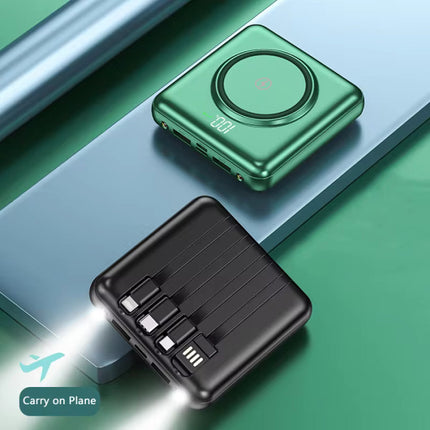 20.000mAh Qi Mini Powerbank met 2 Oplaadpoorten en 4 Kabels - Externe Accu Batterij Oplader - Groen