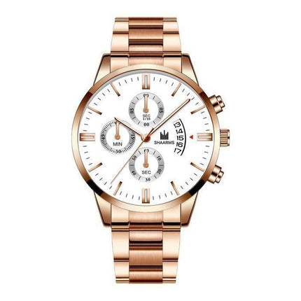 Luxe Zakelijk Horloge voor Heren - Kwarts Roestvrij Staal Bandje Datum Kalender met 3 Subdials Rose Gold Wit