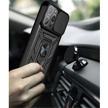 iPhone 14 Plus - Armor Hoesje met Kickstand en Camera Bescherming - Pop Grip Cover Case Zwart