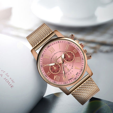 Luxe Horloge voor Dames - Modieus Kwarts Uurwerk Mesh Bandje Roze